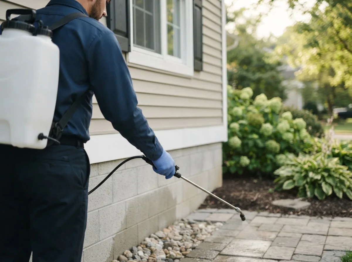 Pest control technician inspecting a home in Dalton, MO
